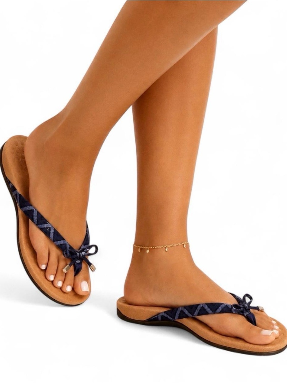 VIONIC BELLA II NAVY BOW ORTHOTIC SANDALS — WOMEN’S 6